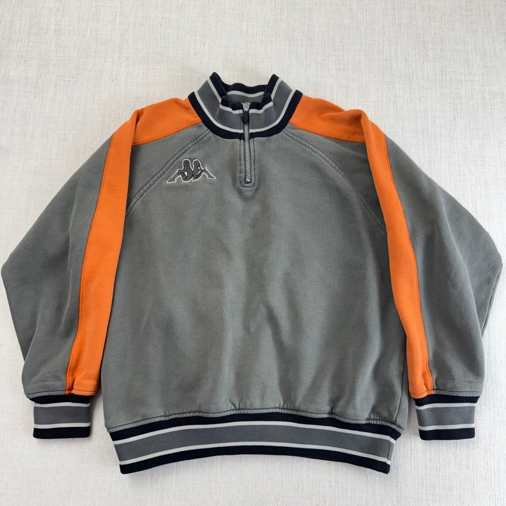 Vintage Kappa Quarter Zip‎ Fleece Sweatshirt Gray Orange Colorblock Logo Large